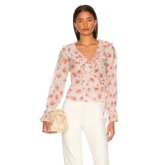 Free People NWT Floral Romantic Cottage Core Orange/White Ruffle Wrap Top XS/S - Picture 15 of 16